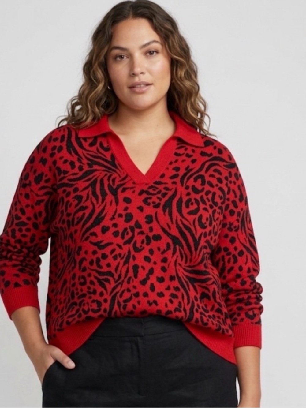 Westbound women’s XL Red Leopard Print Cropped Sweater Cardigan NWT Fuzzy(C61)